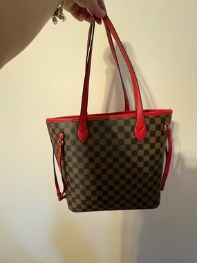 Women's Brown Checker Tote with Red Trim